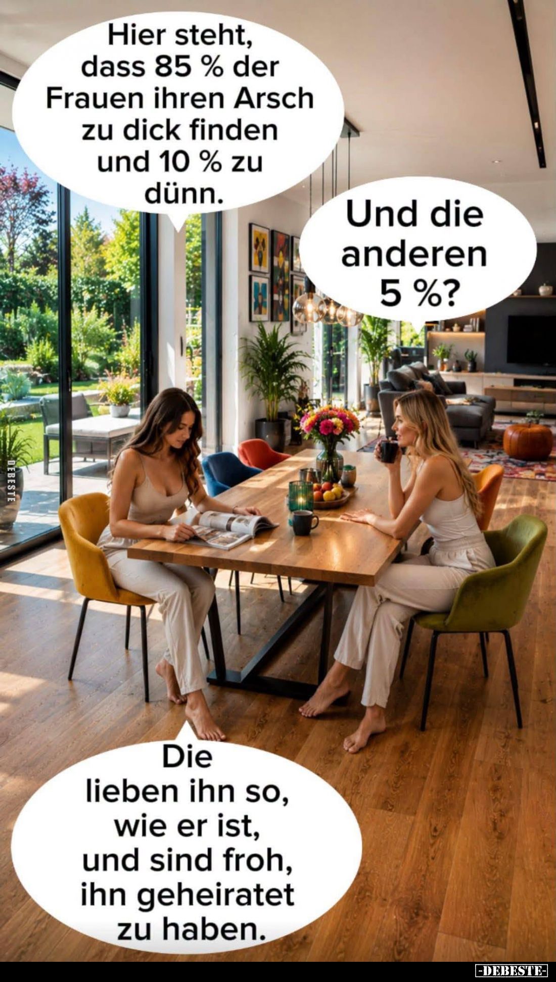 Hier steht, dass 85 % der Frauen ihren Arsch zu dick finden und 10 % zu dünn. -
Und die anderen 5 %? -
Die lieben ihn so, w...