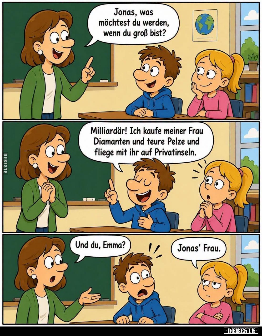 Jonas, was möchtest du werden, wenn du groß bist?
-
Milliardär! Ich kaufe meiner Frau Diamanten und teure Pelze und fliege ...