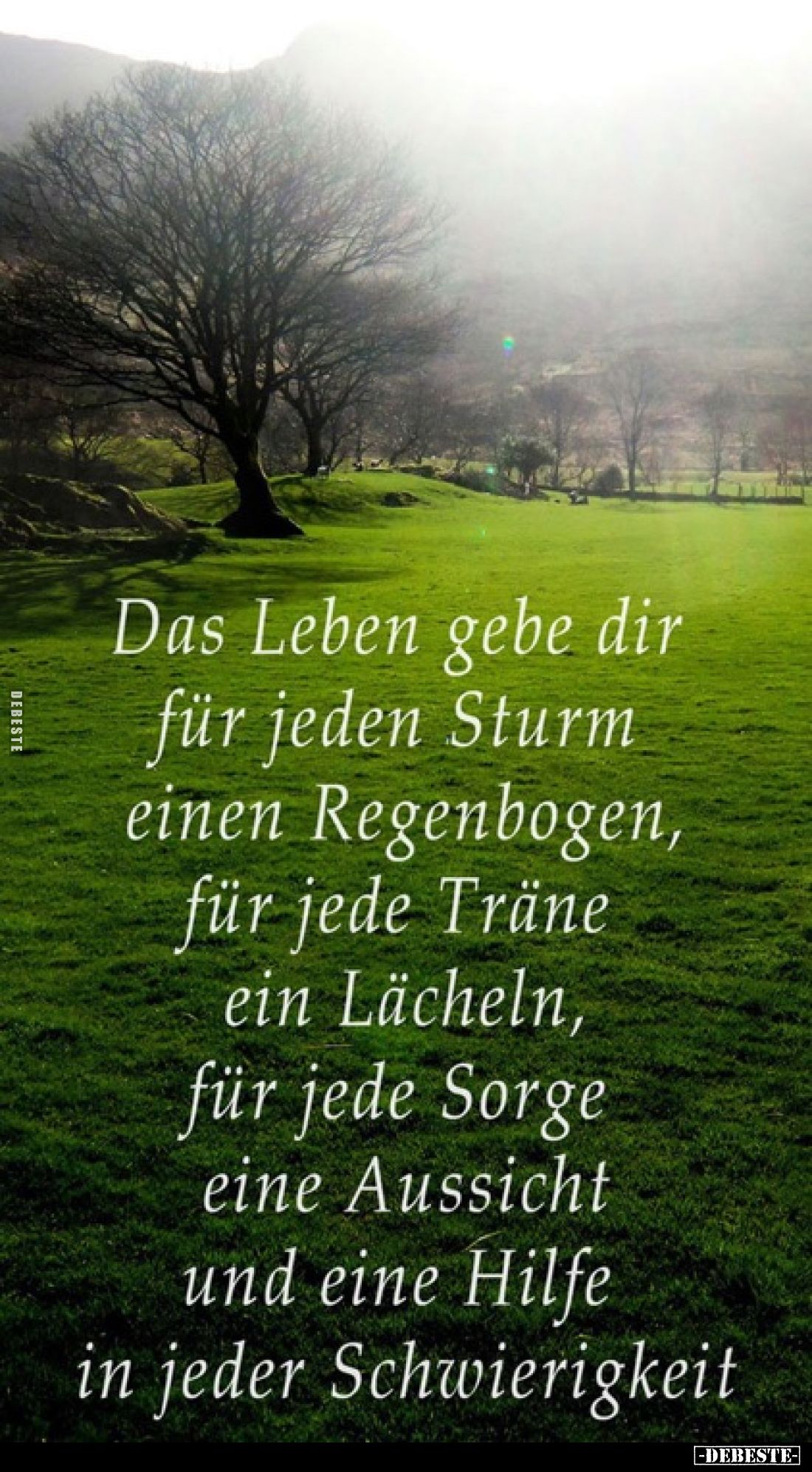 Das Leben gebe dir für jeden Sturm einen Regenbogen, für jede Träne ein Lächeln, für jede Sorge eine Aussicht und eine Hilfe ...
