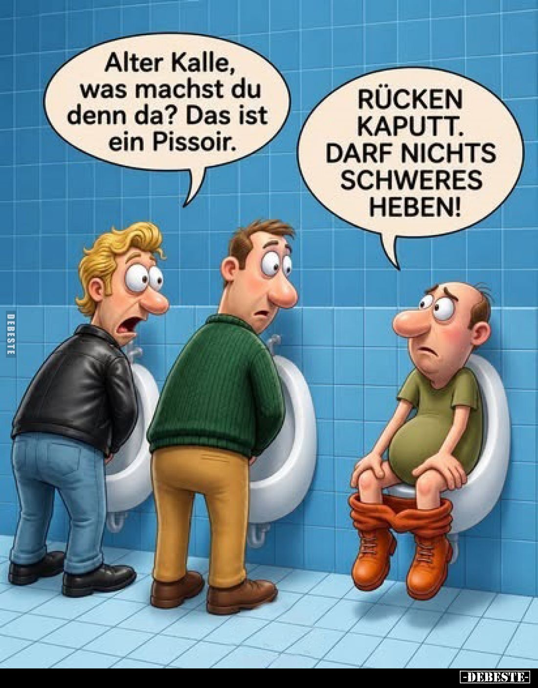 Alter Kalle, was machst du denn da? Das ist ein Pissoir.
-
RÜCKEN KAPUTT. DARF NICHTS SCHWERES HEBEN!