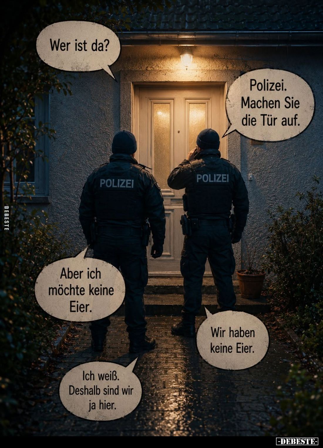 Wer ist da? -
Polizei. Machen Sie die Tür auf. -
Aber ich möchte keine Eier. -
Wir haben keine Eier. -
Ich weiß. Deshalb ...