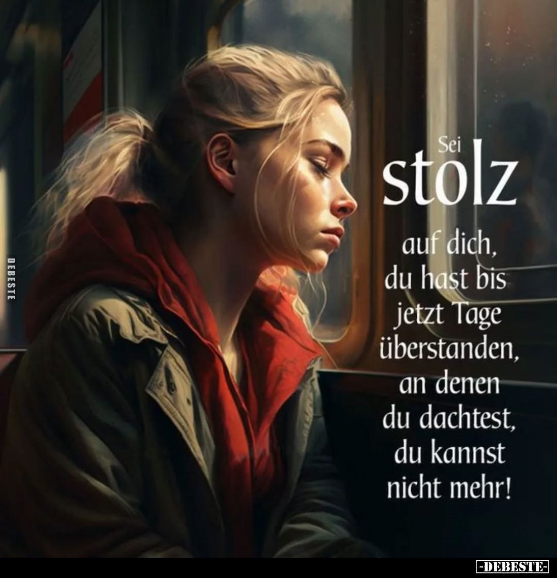 Sei
stolz
auf dich, du hast bis jetzt Tage überstanden, an denen du dachtest, du kannst nicht mehr!