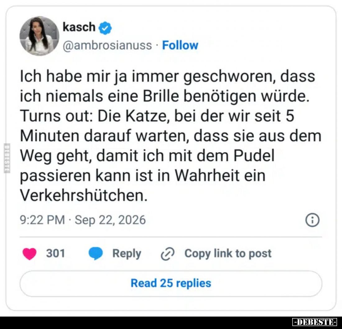 Ich habe mir ja immer geschworen, dass ich niemals eine Brille benötigen würde.
Turns out: Die Katze, bei der wir seit 5 Min...