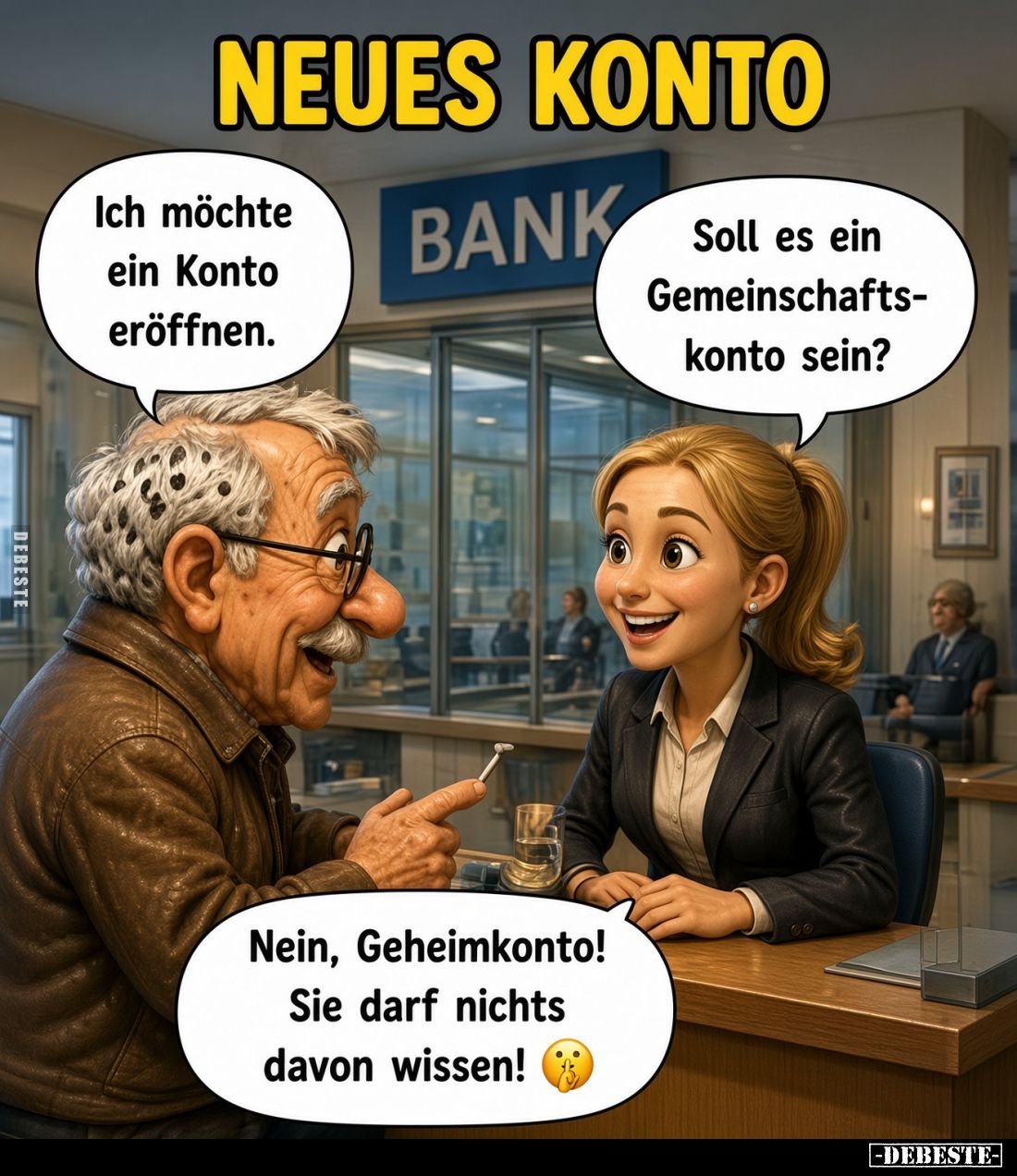 Neues Konto
-
Ich möchte ein Konto eröffnen.
-
Soll es ein Gemeinschaftskonto sein?
-
Nein, Geheimkonto!
Sie darf nich...