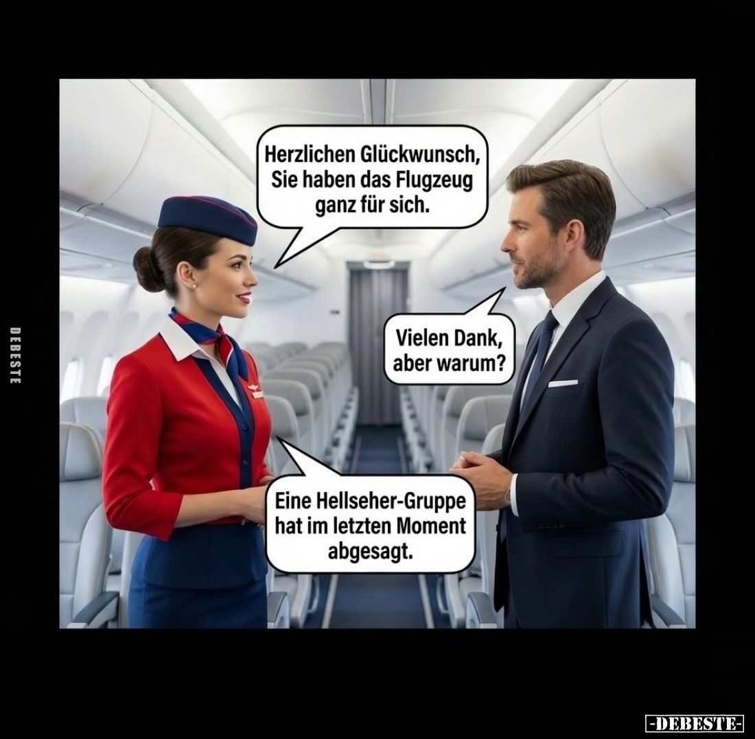 Herzlichen Glückwunsch, Sie haben das Flugzeug ganz für sich.
-
Vielen Dank, aber warum? -
Eine Hellseher-Gruppe hat im le...