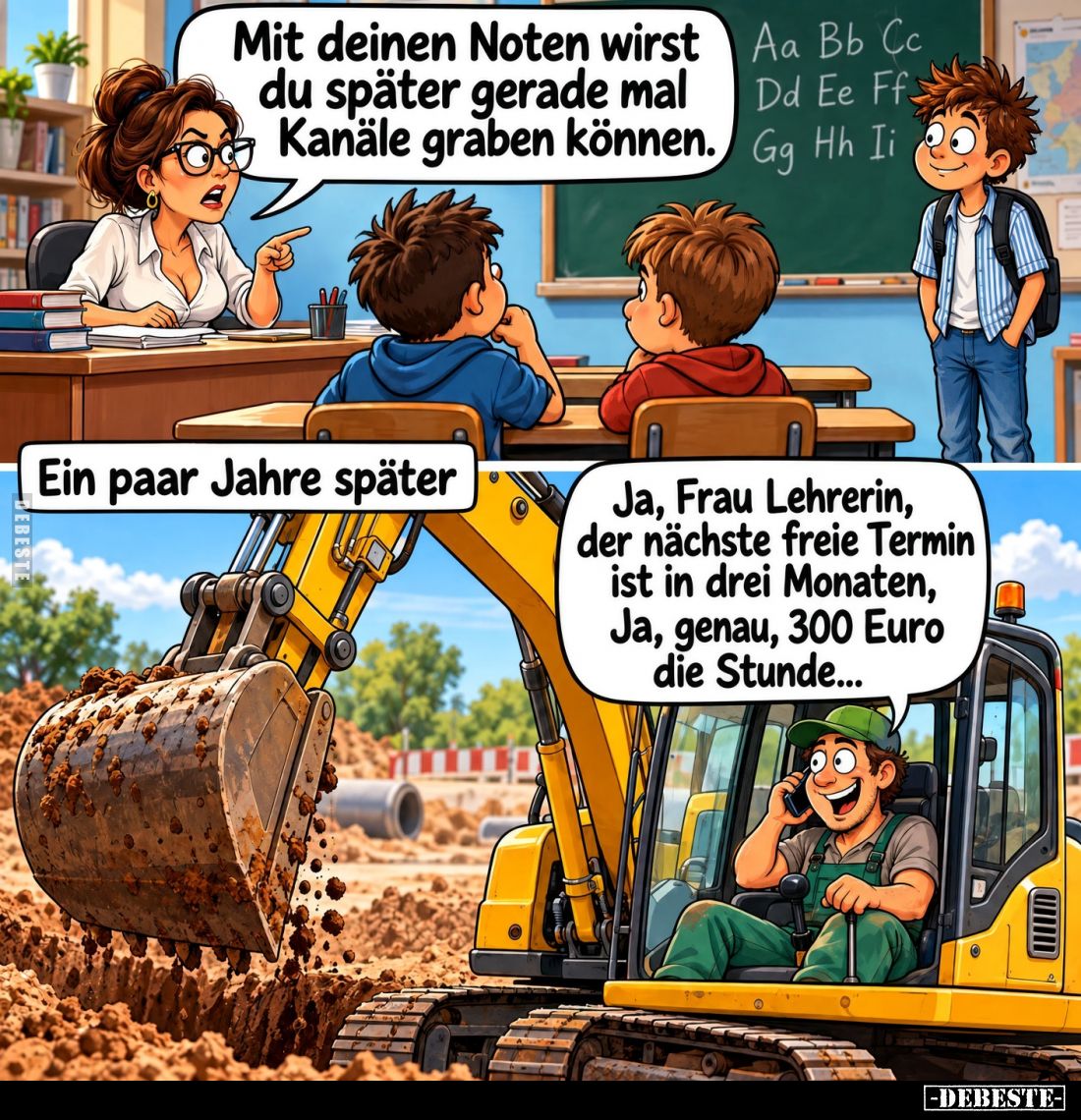 Mit deinen Noten wirst du später gerade mal Kanäle graben können.
-
Ein paar Jahre später.
Ja, Frau Lehrerin, der nächste ...