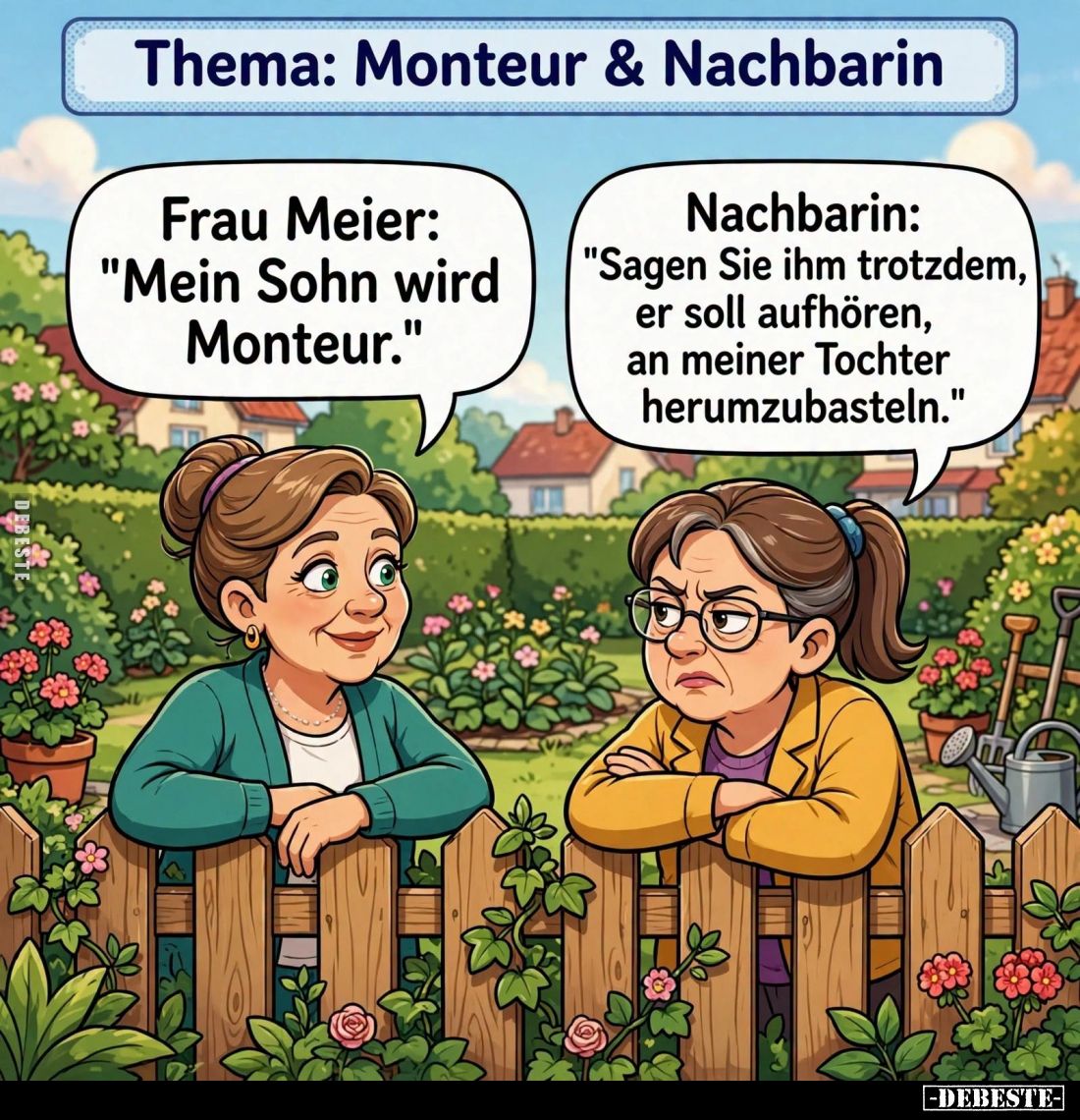 Thema: Monteur und Nachbarin. -
Frau Meier: "Mein Sohn wird Monteur." -
Nachbarin: "Sagen Sie ihm trotzdem, ...