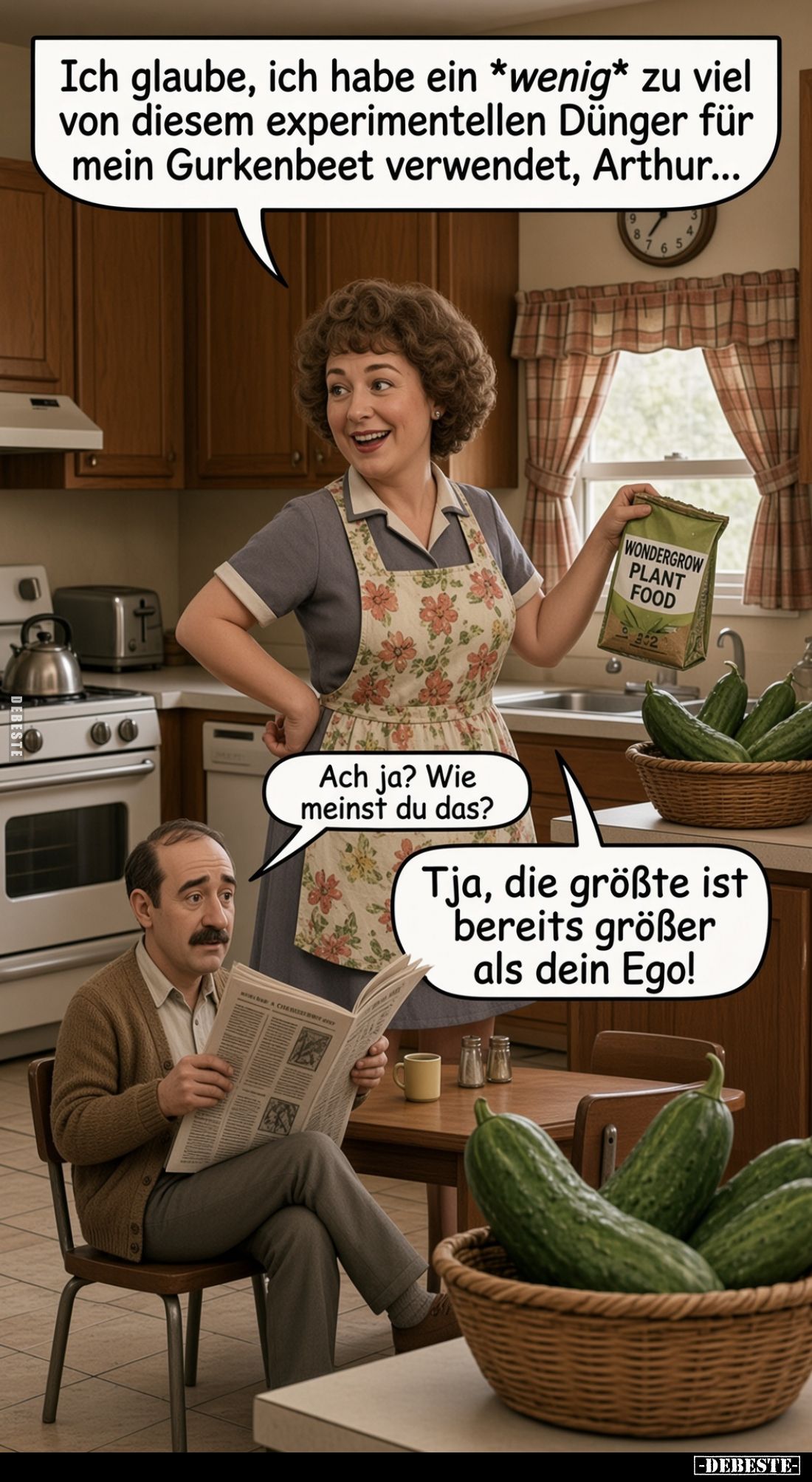 Ich glaube, ich habe ein *wenig* zu viel von diesem experimentellen Dünger für mein Gurkenbeet verwendet, Arthur...
Ach ja? ...