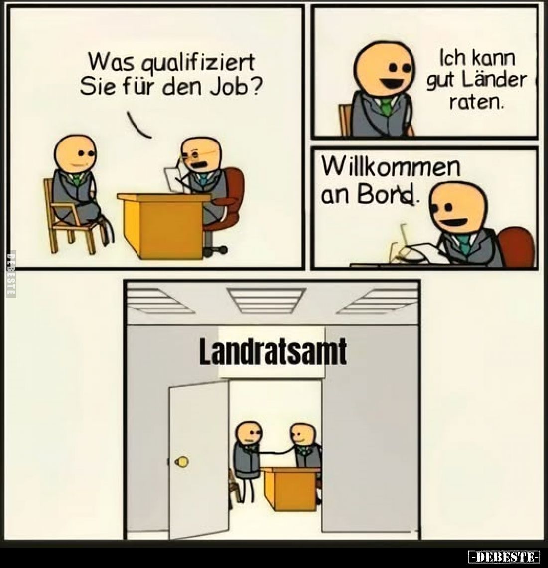 Was qualifiziert Sie für den Job?
-
Ich kann gut Länder raten.
-
Willkommen an Bord.
-
Landratsamt
