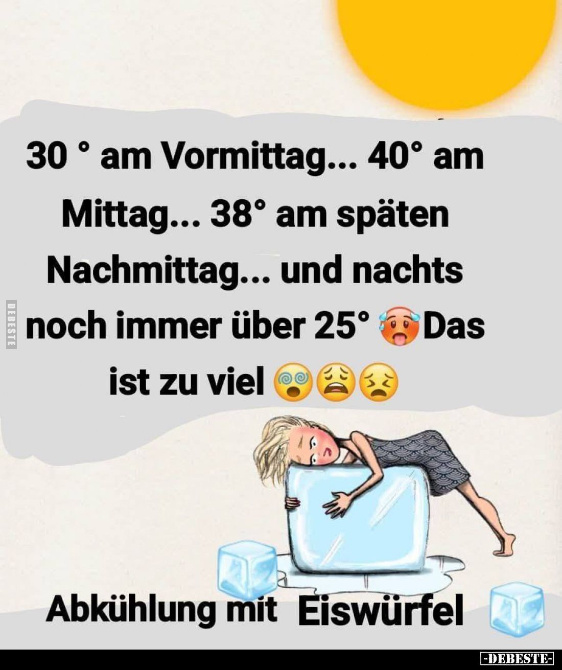 30° am Vormittag... 40° am Mittag... 38° am späten Nachmittag... und nachts noch immer über 25°.
Das ist zu viel.
Abkühlung...