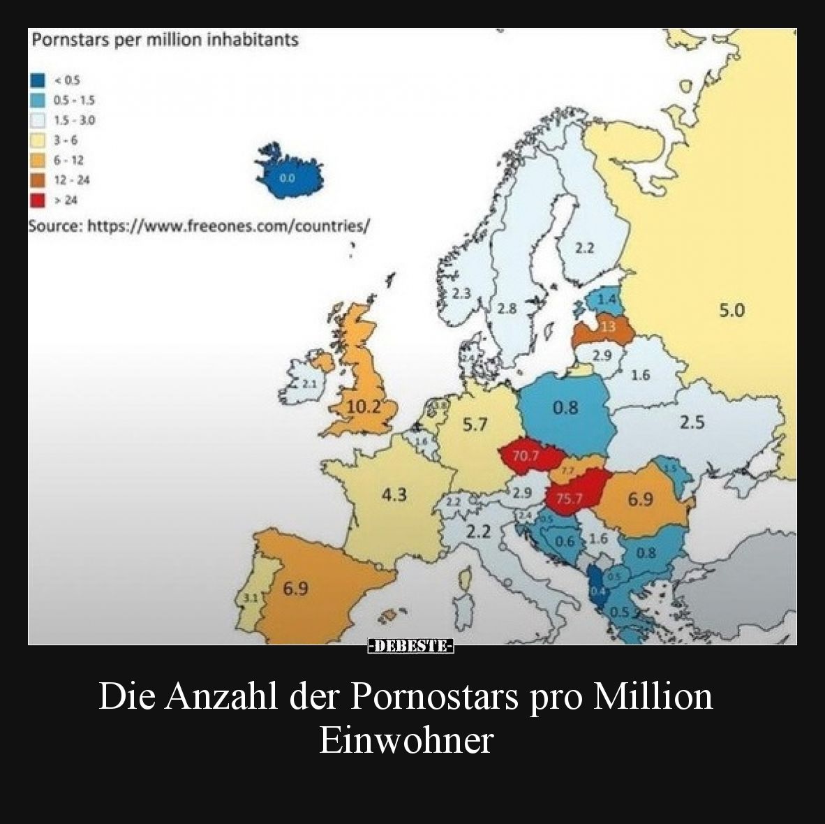 Die Anzahl der P*ornostars pro Million Einwohner