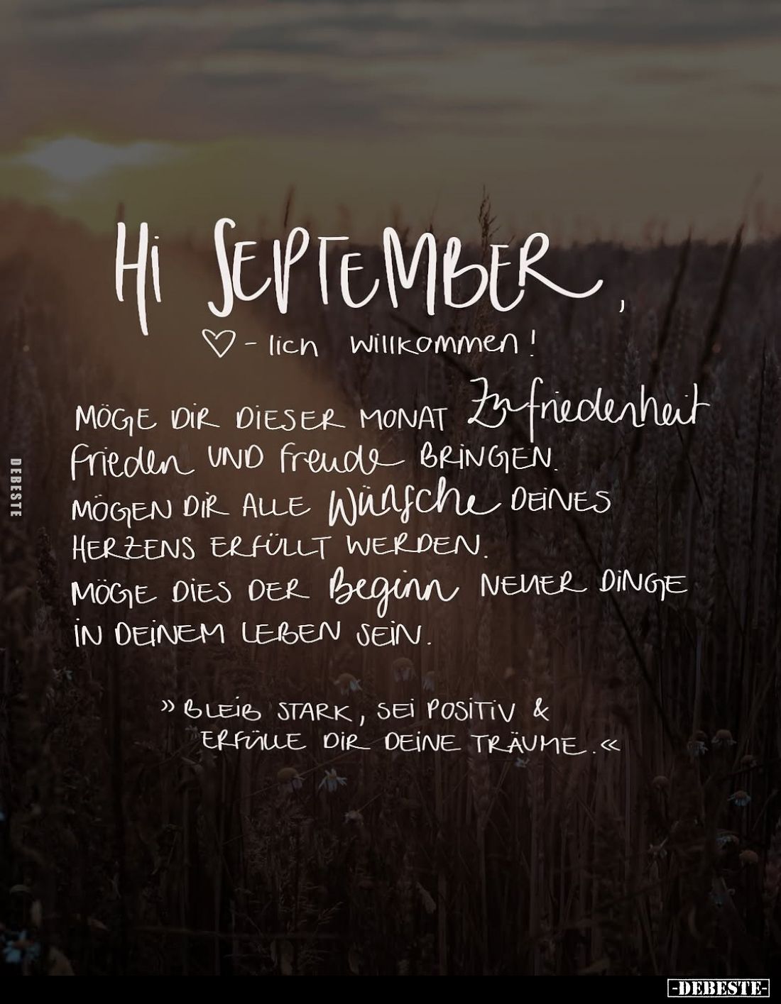 Hi September,
Herzlich Willkommen!
Zufriedenheit möge dir dieser Monat
Frieden und Freude bringen.
Mögen dir alle wünsche...