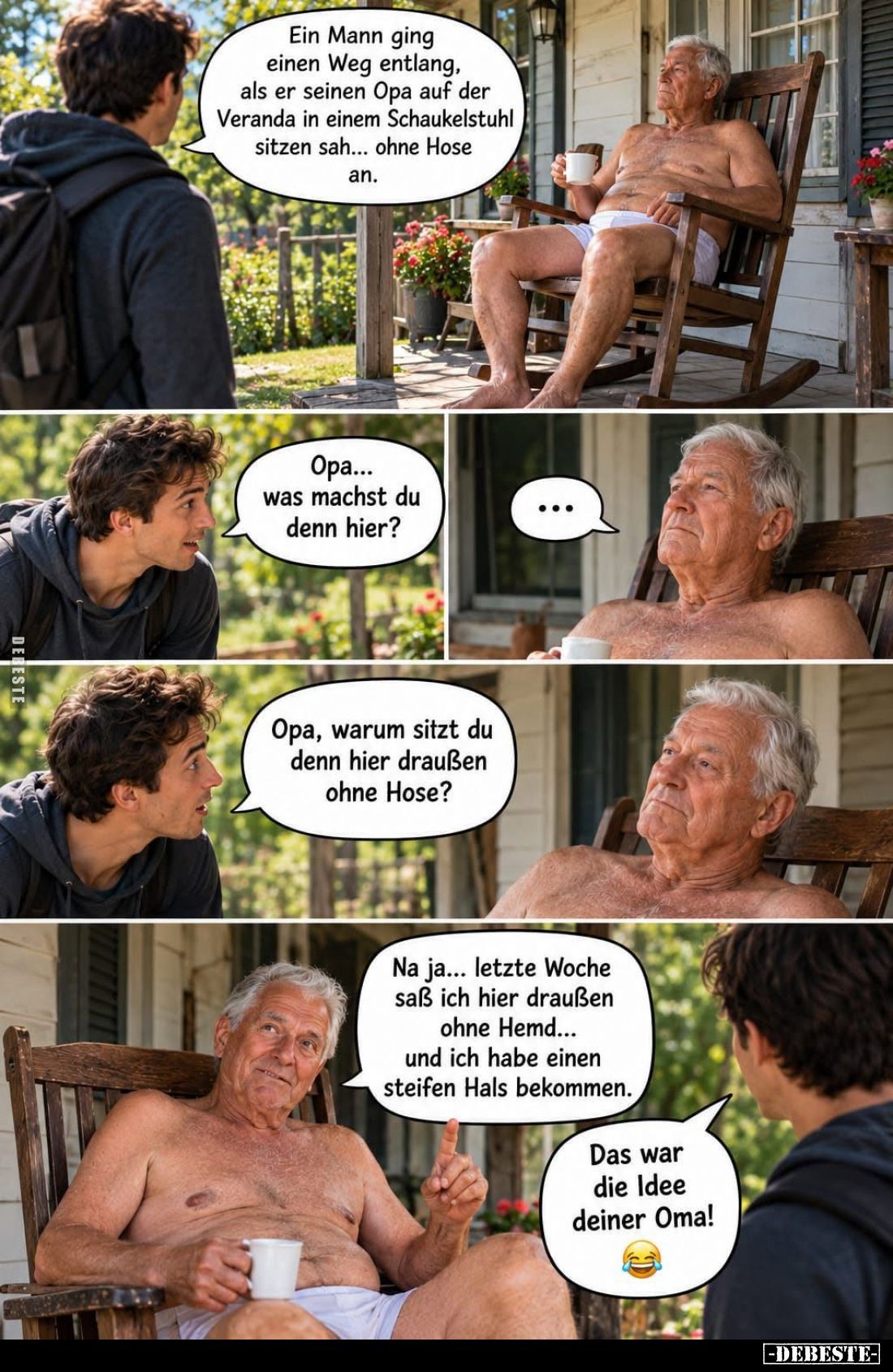 Ein Mann ging einen Weg entlang, als er seinen Opa auf der Veranda in einem Schaukelstuhl sitzen sah... ohne Hose an. -
Opa....