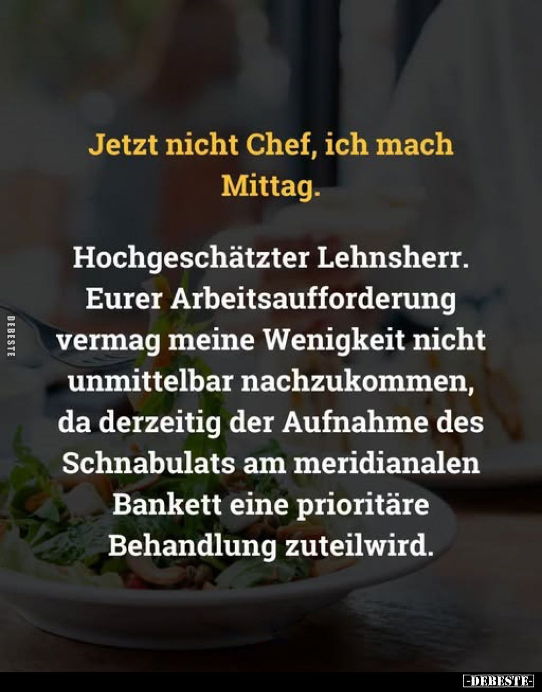 Jetzt nicht Chef, ich mach Mittag.
Hochgeschätzter Lehnsherr. Eurer Arbeitsaufforderung vermag meine Wenigkeit nicht unmitte...