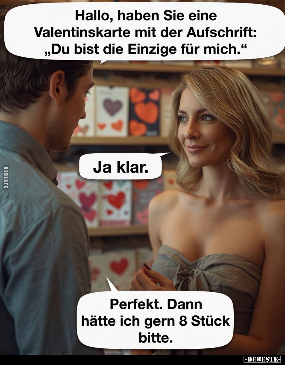 Hallo, haben Sie eine Valentinskarte mit der Aufschrift: „Du bist die Einzige für mich.“
Ja klar.
Perfekt. Dann hätte ich g...
