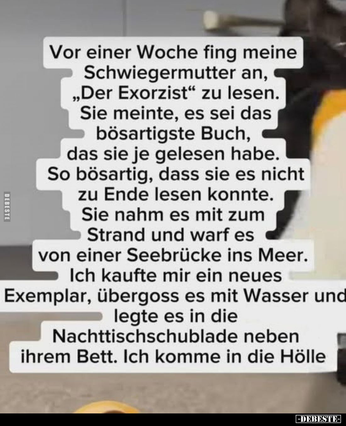 Vor einer Woche fing meine Schwiegermutter an, „Der Exorzist" zu lesen. Sie meinte, es sei das bösartigste Buch, das sie...