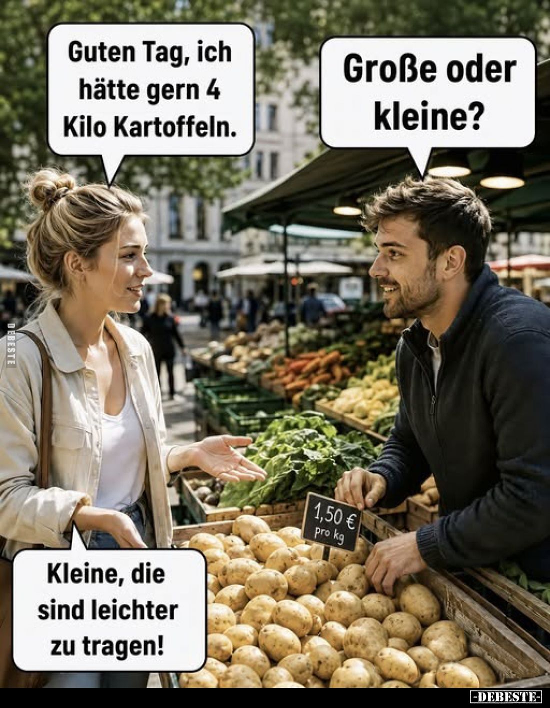 Guten Tag, ich hätte gern 4 Kilo Kartoffeln.
Große oder kleine?
Kleine, die sind leichter zu tragen!