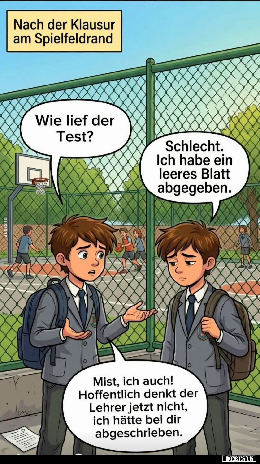 Nach der Klausur am Spielfeldrand:
Wie lief der Test? -
Schlecht. Ich habe ein leeres Blatt abgegeben. -
Mist, ich auch! H...