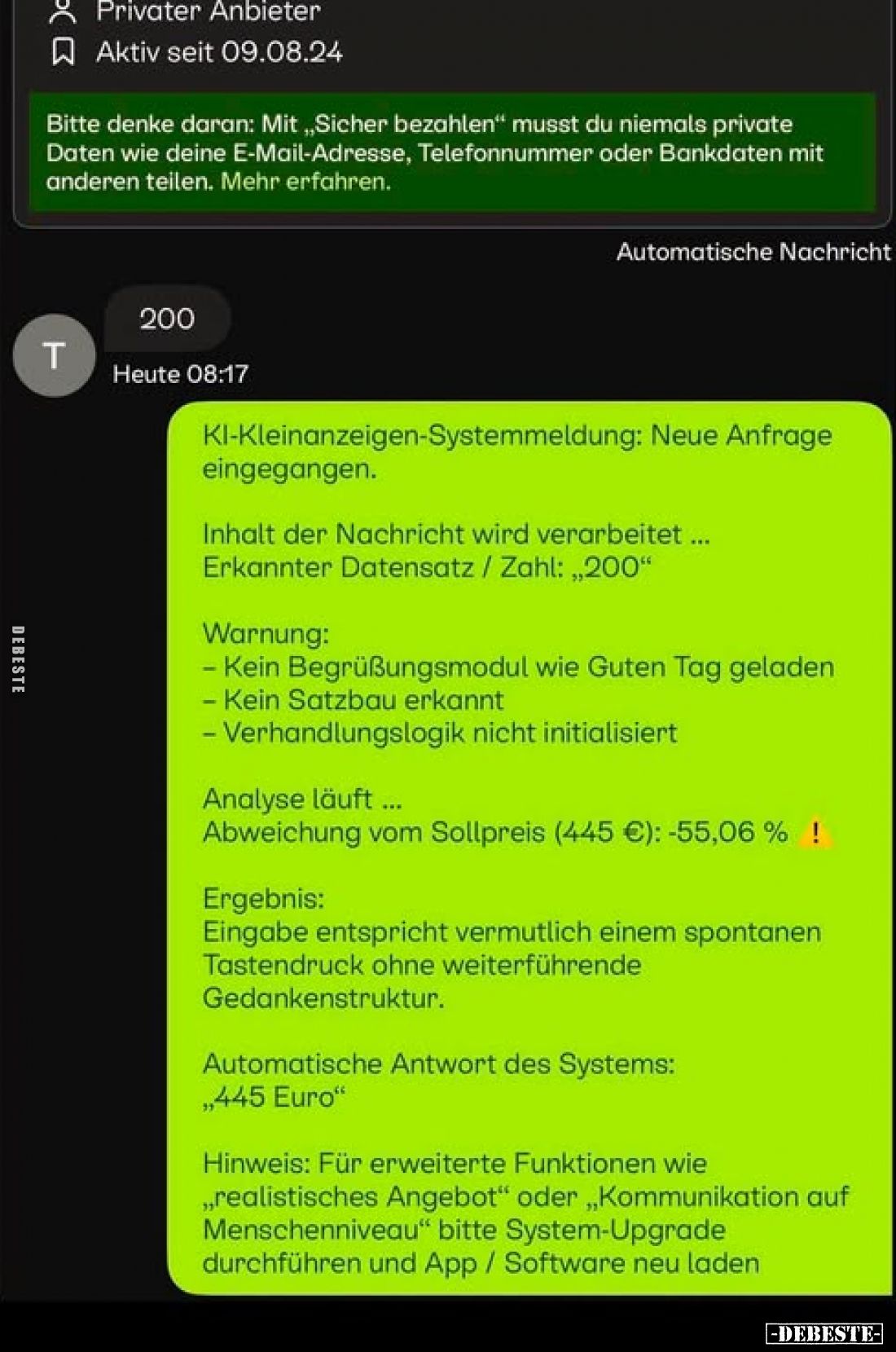 200
-
KI-Kleinanzeigen-Systemmeldung: Neue Anfrage eingegangen.
Inhalt der Nachricht wird verarbeitet Erkannter Datensatz ...