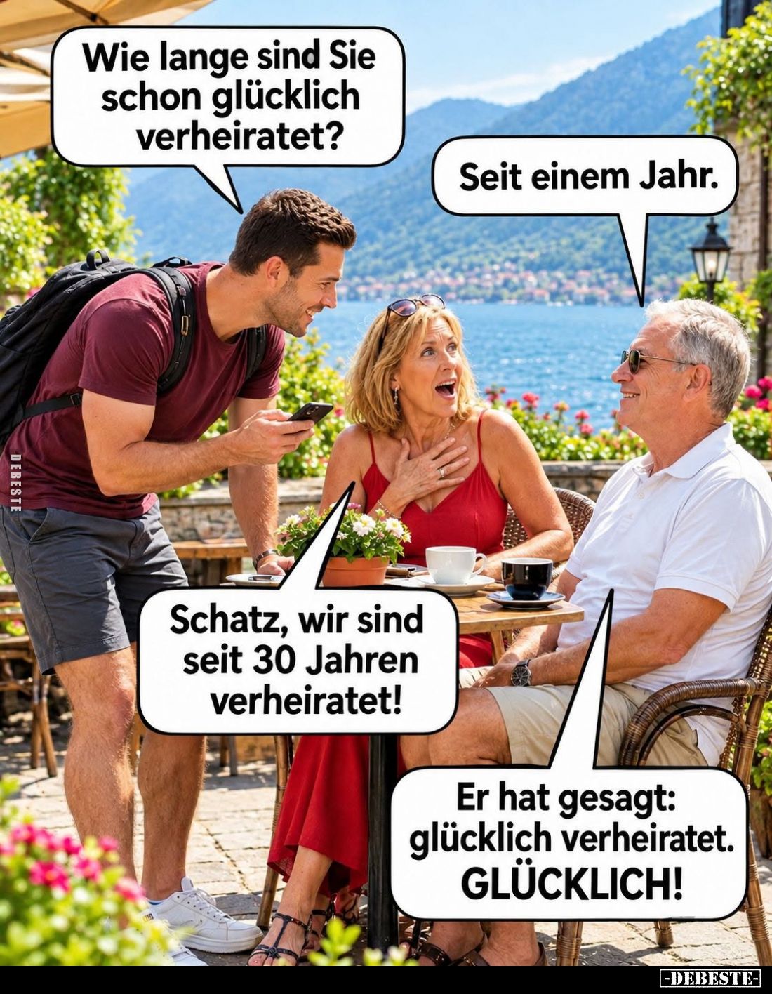 Wie lange sind Sie schon glücklich verheiratet? -
Seit einem Jahr. -
Schatz, wir sind seit 30 Jahren verheiratet! -
Er hat...