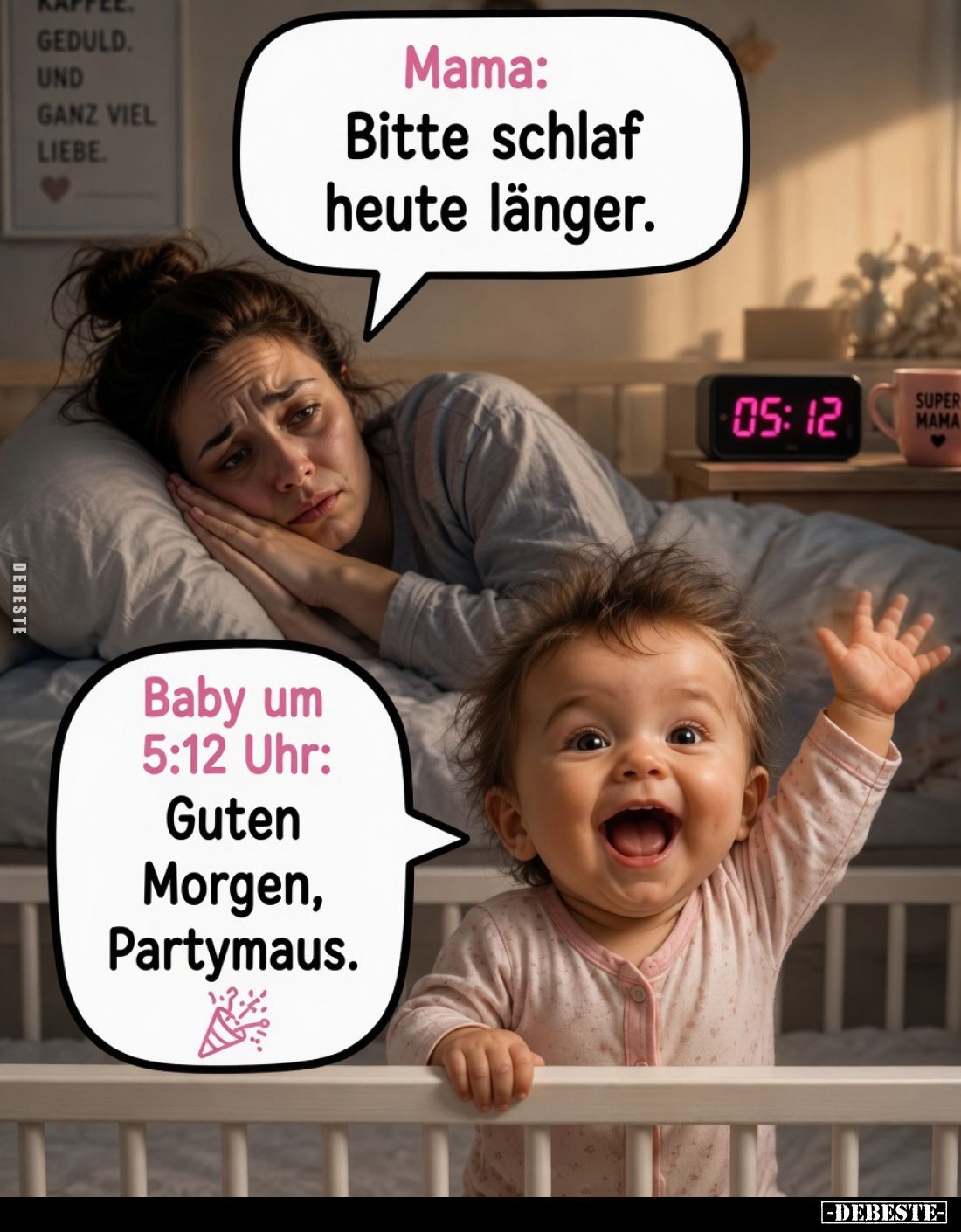 Mama:
Bitte schlaf heute länger.
Baby um 5:12 Uhr:
Guten Morgen, Partymaus.