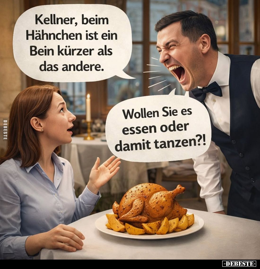 Kellner, beim Hähnchen ist ein Bein kürzer als das andere. -
Wollen Sie es essen oder damit tanzen?!