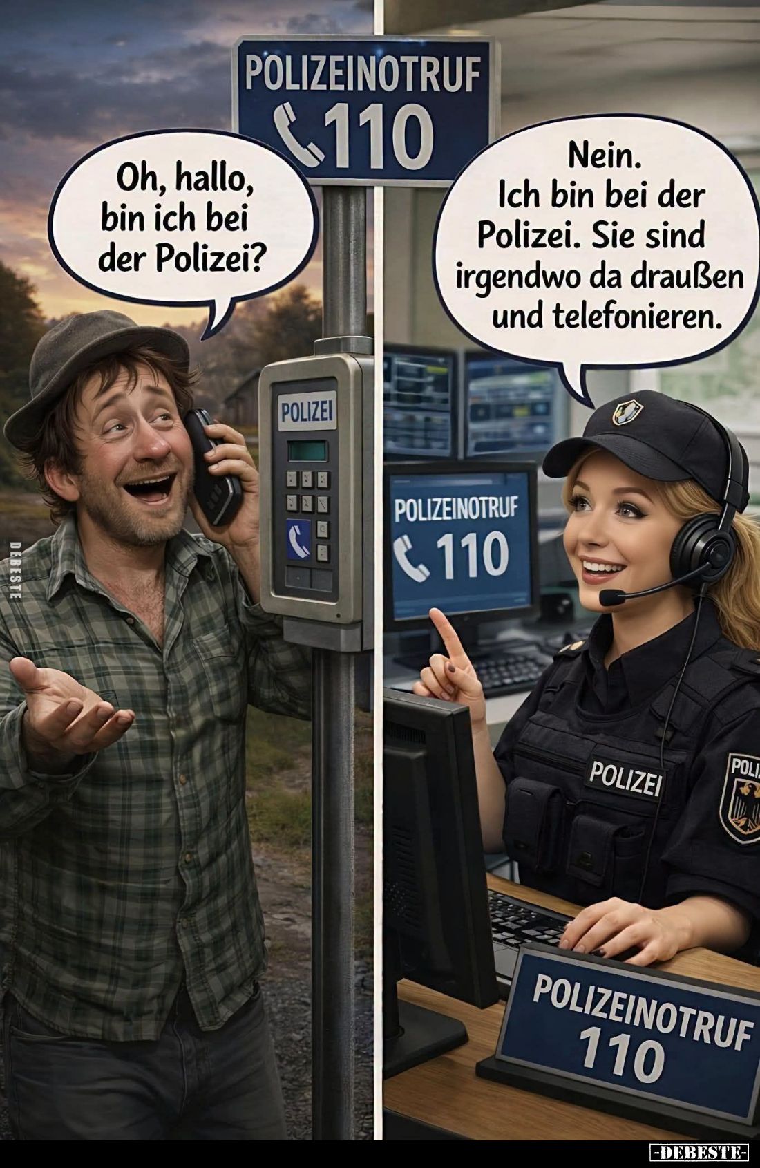 Oh, hallo, bin ich bei der Polizei? -
Nein.
Ich bin bei der Polizei. Sie sind irgendwo da draußen und telefonieren.