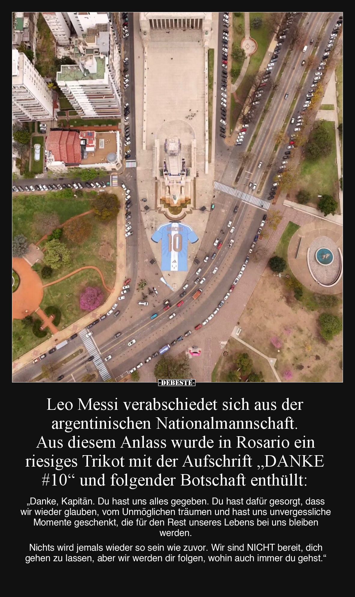 Leo Messi verabschiedet sich aus der argentinischen Nationalmannschaft. Aus diesem Anlass wurde in Rosario ein riesiges Triko...