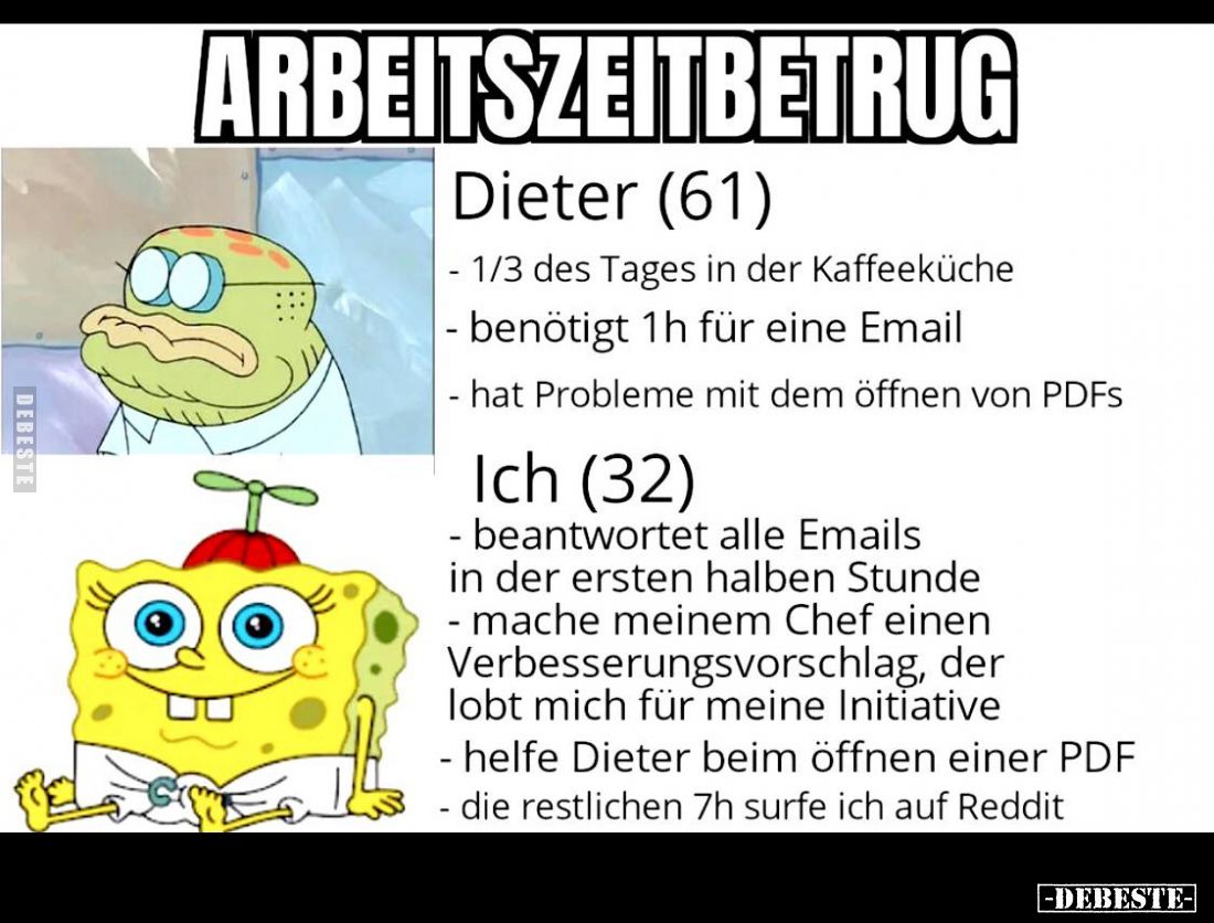 ARBEITSZEITBETRUG.

Dieter (61):

- 1/3 des Tages in der Kaffeeküche
- benötigt 1h für eine Email
- hat Probleme mit de...