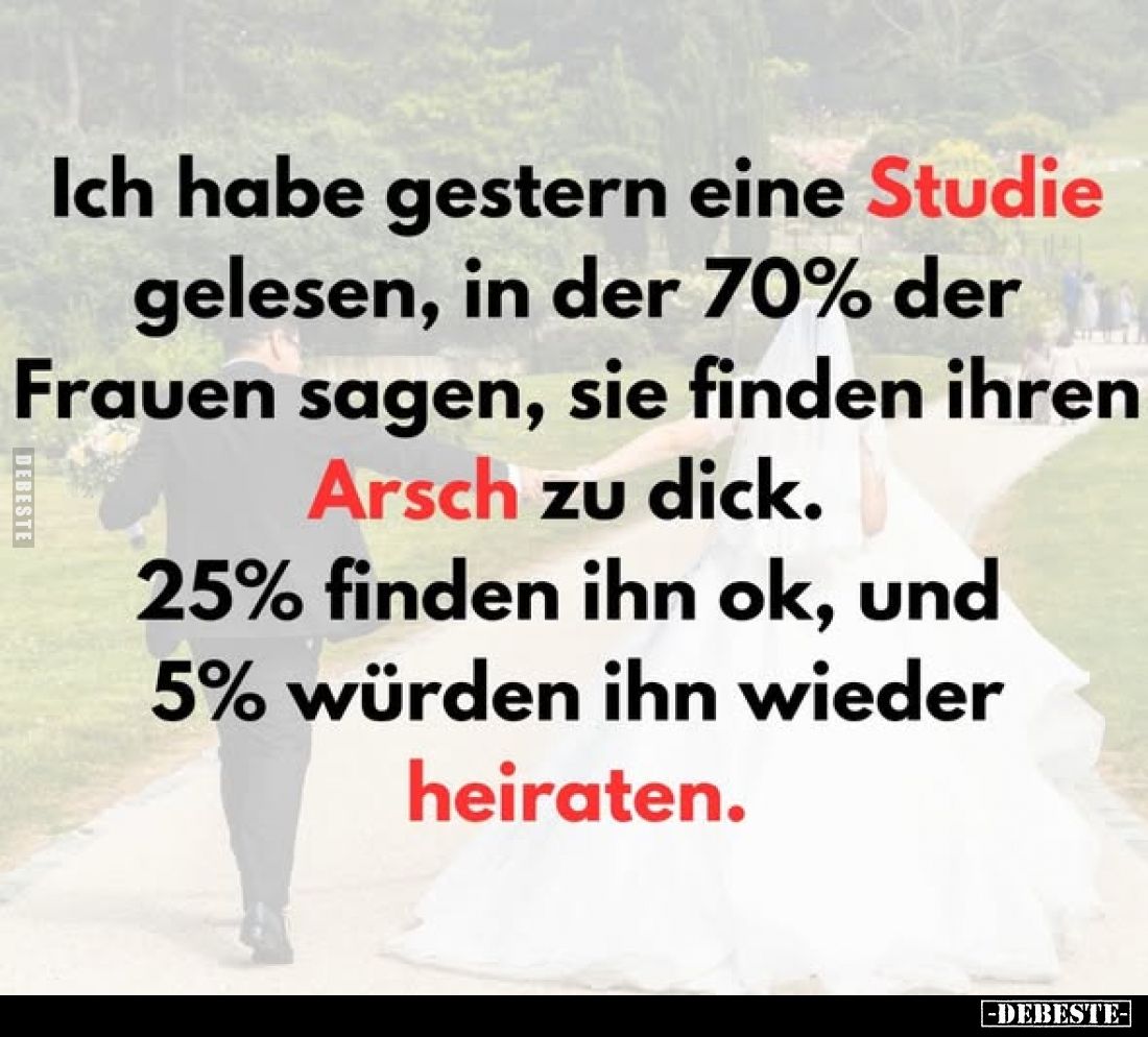 Ich habe gestern eine Studie gelesen, in der 70% der Frauen sagen, sie finden ihren
Arsch zu dick.
25% finden ihn ok, und 5...