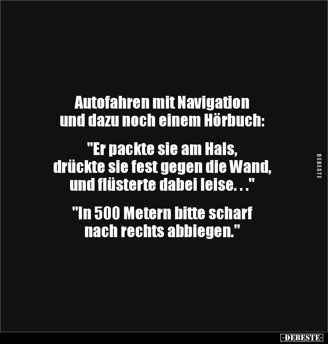 Autofahren mit Navigation 
und dazu noch einem Hörbuch:


"Er packte sie am Hals, 
drückte sie fest gegen die Wand,...