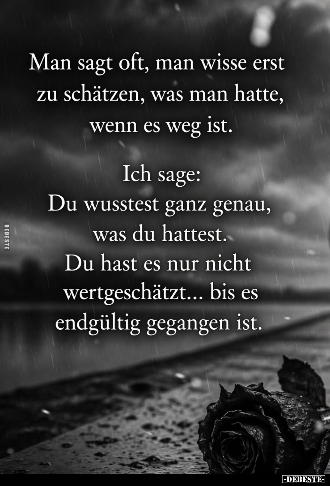 Man sagt oft, man wisse erst zu schätzen, was man hatte, wenn es weg ist.
Ich sage:
Du wusstest ganz genau, was du hattest....