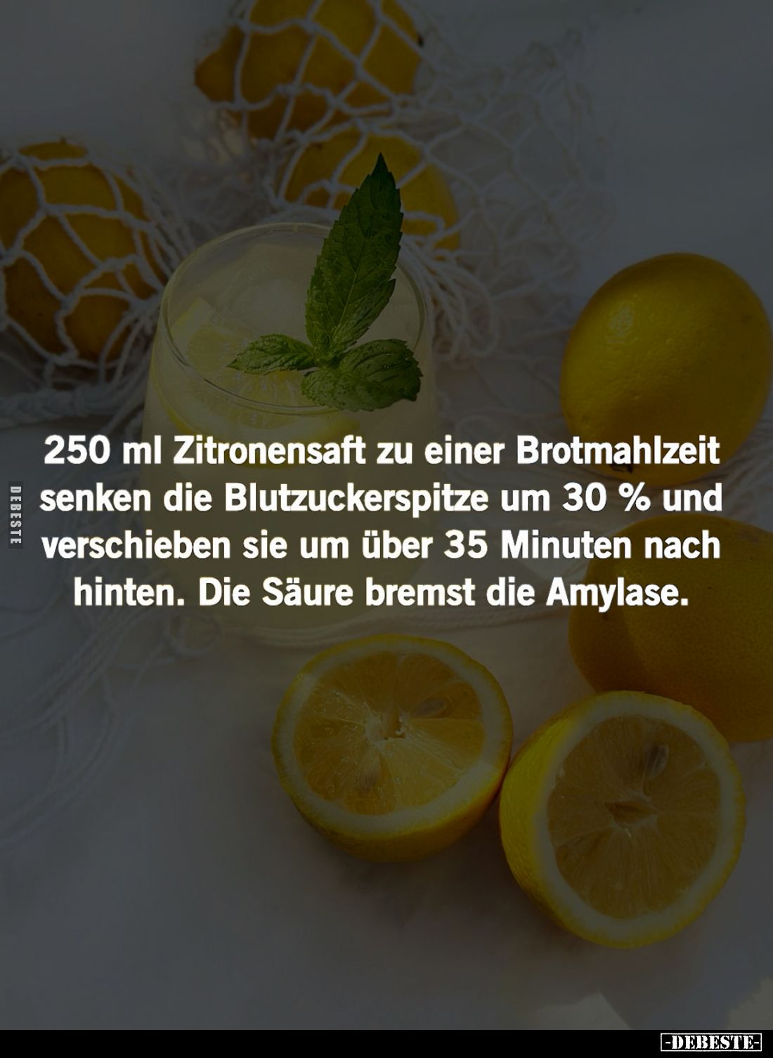 250 ml Zitronensaft zu einer Brotmahlzeit senken die Blutzuckerspitze um 30% und verschieben sie um über 35 Minuten nach hint...