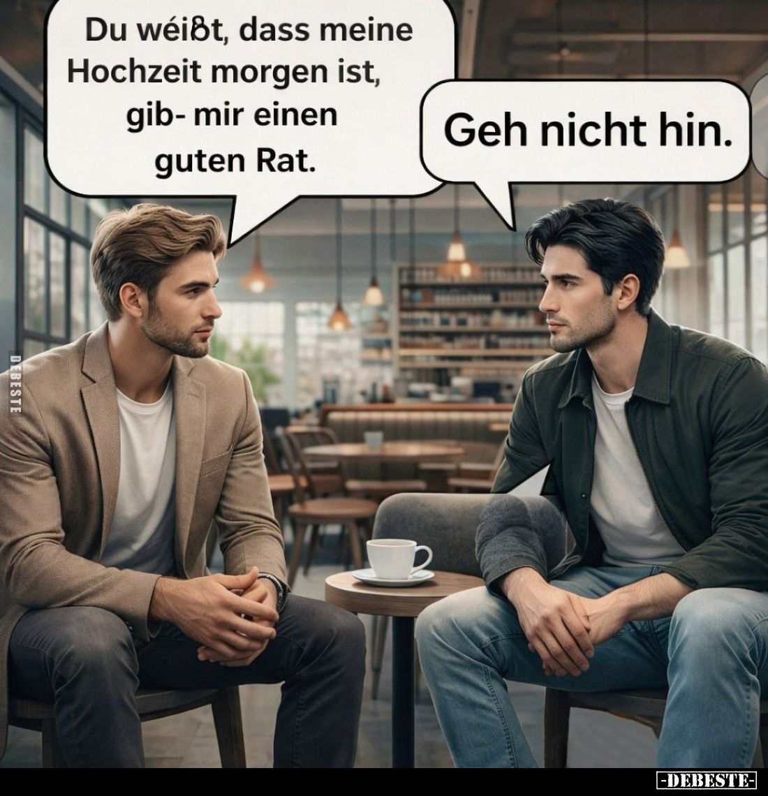 Du weißt, dass meine Hochzeit morgen ist, gib mir einen guten Rat. -
Geh nicht hin.