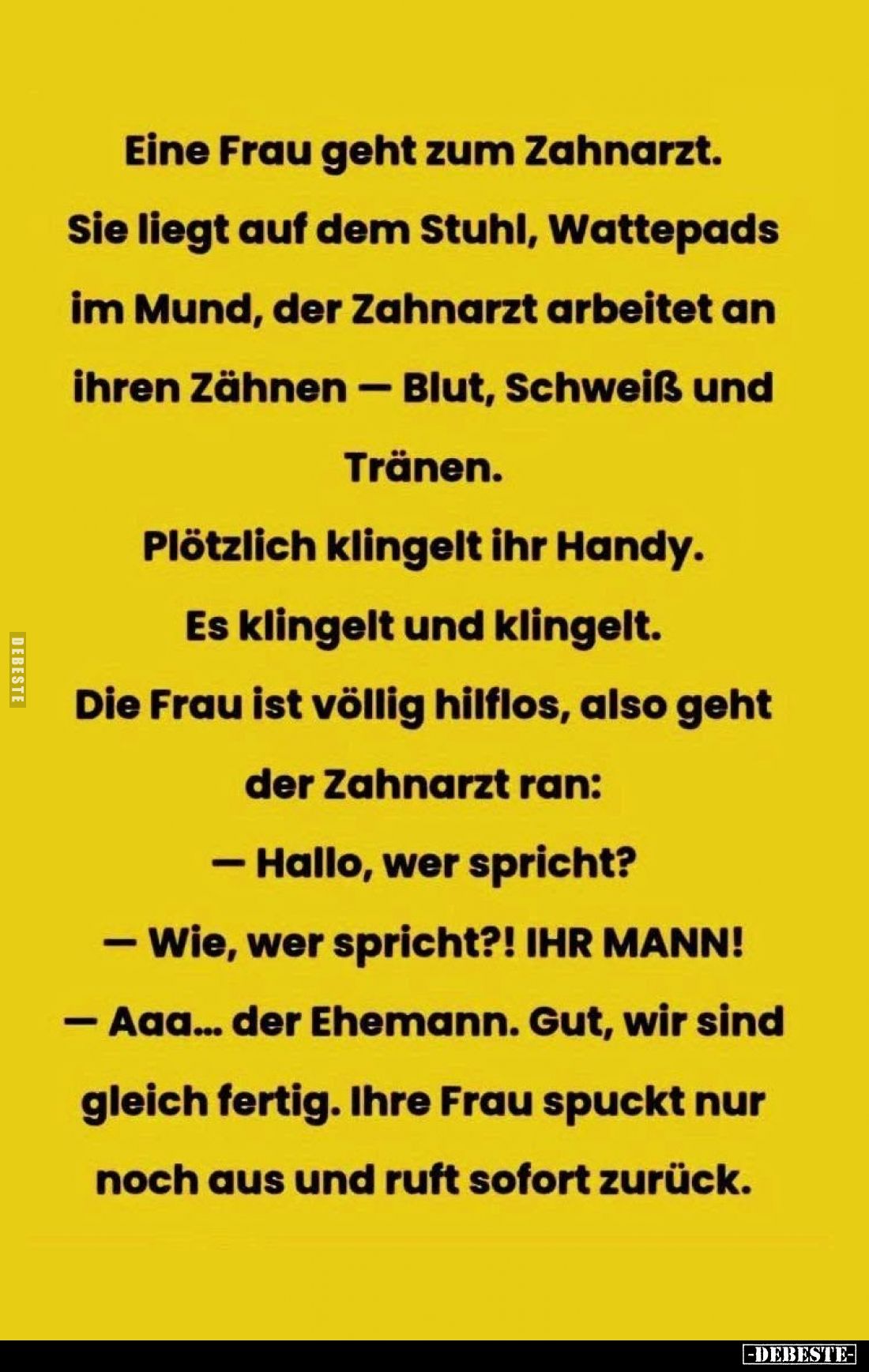 Eine Frau geht zum Zahnarzt.
Sie liegt auf dem Stuhl, Wattepads im Mund, der Zahnarzt arbeitet an ihren Zähnen – Blut, Schwe...
