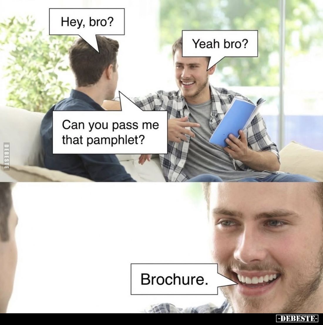 Hey, bro?

Yeah bro?

Can you pass me that pamphlet?

Brochure.