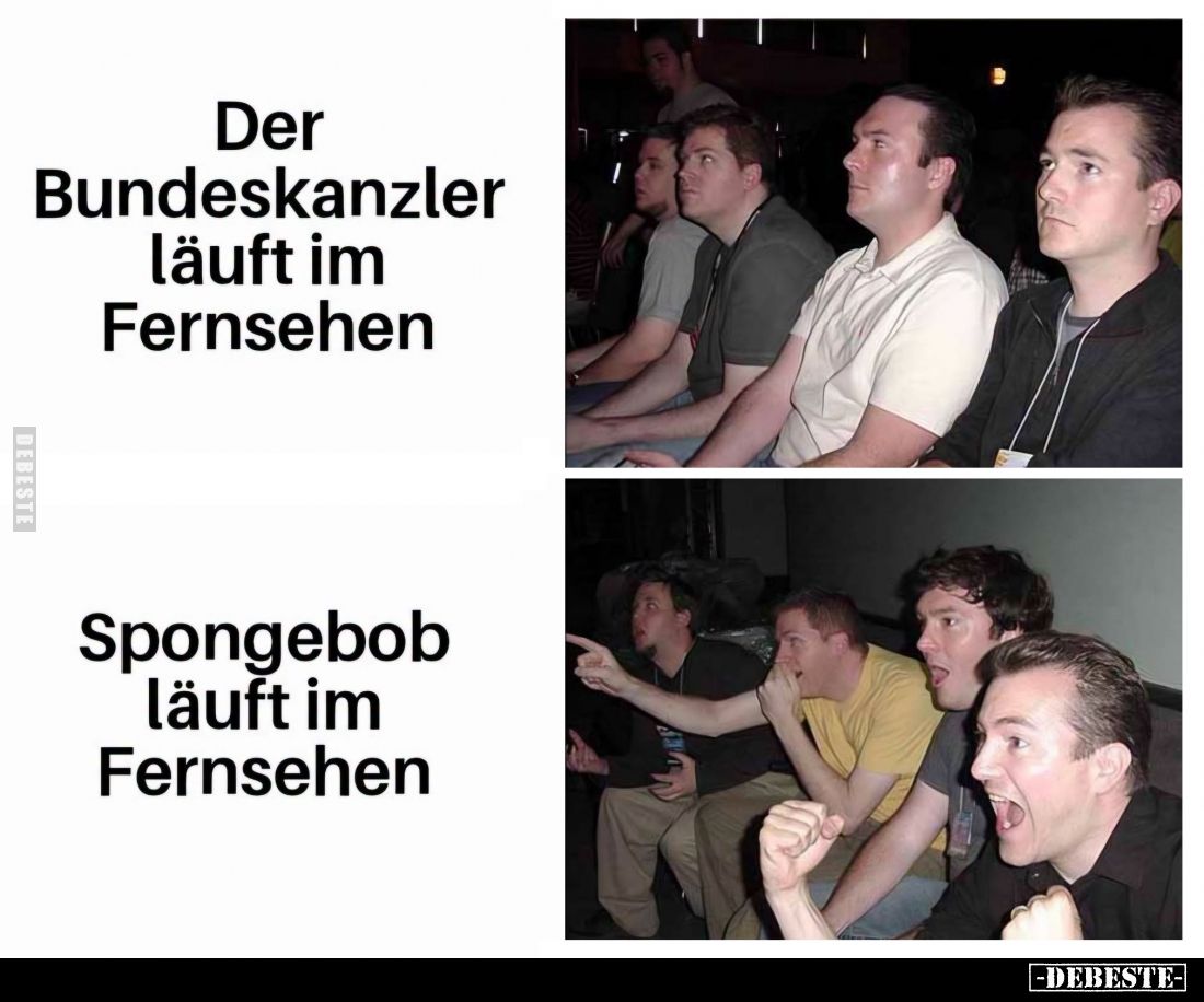 Der Bundeskanzler läuft im Fernsehen. - Spongebob läuft im Fernsehen.
