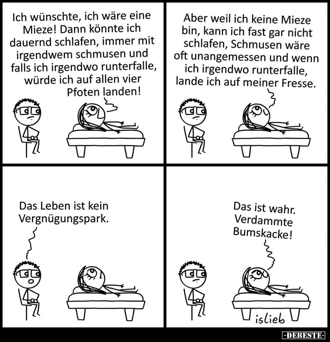 Ich wünschte, ich wäre eine Mieze! Dann könnte ich dauernd schlafen, immer mit irgendwem schmusen und falls ich irgendwo runt...