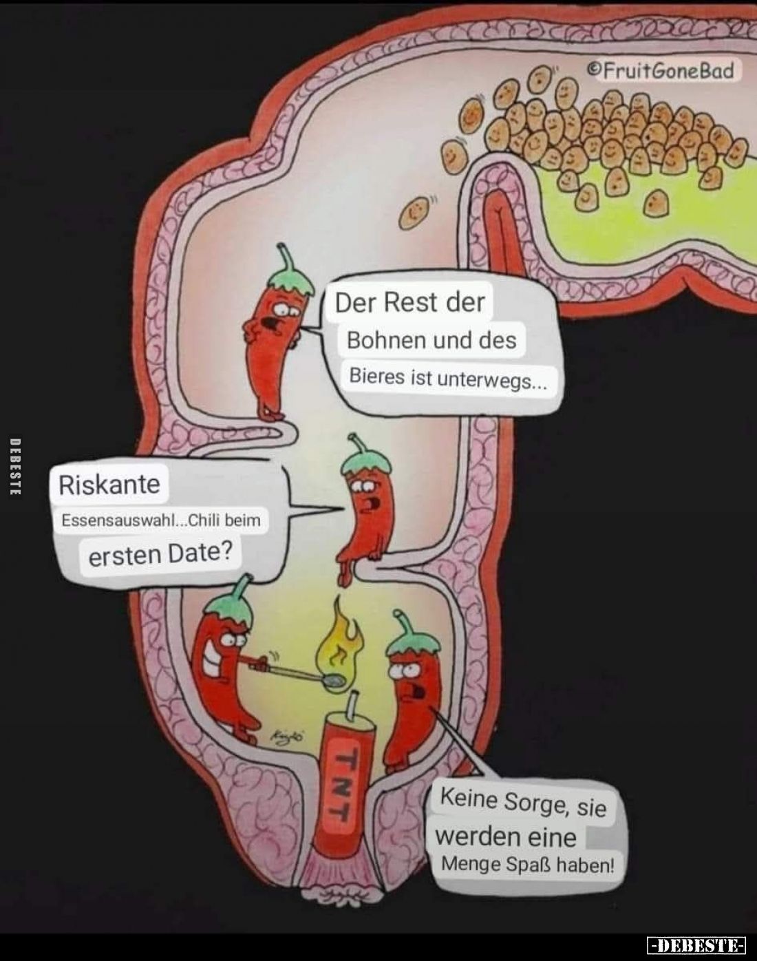Der Rest der Bohnen und des Bieres ist unterwegs...
Riskante Essensauswahl... Chili beim ersten Date?
Keine Sorge, sie werd...