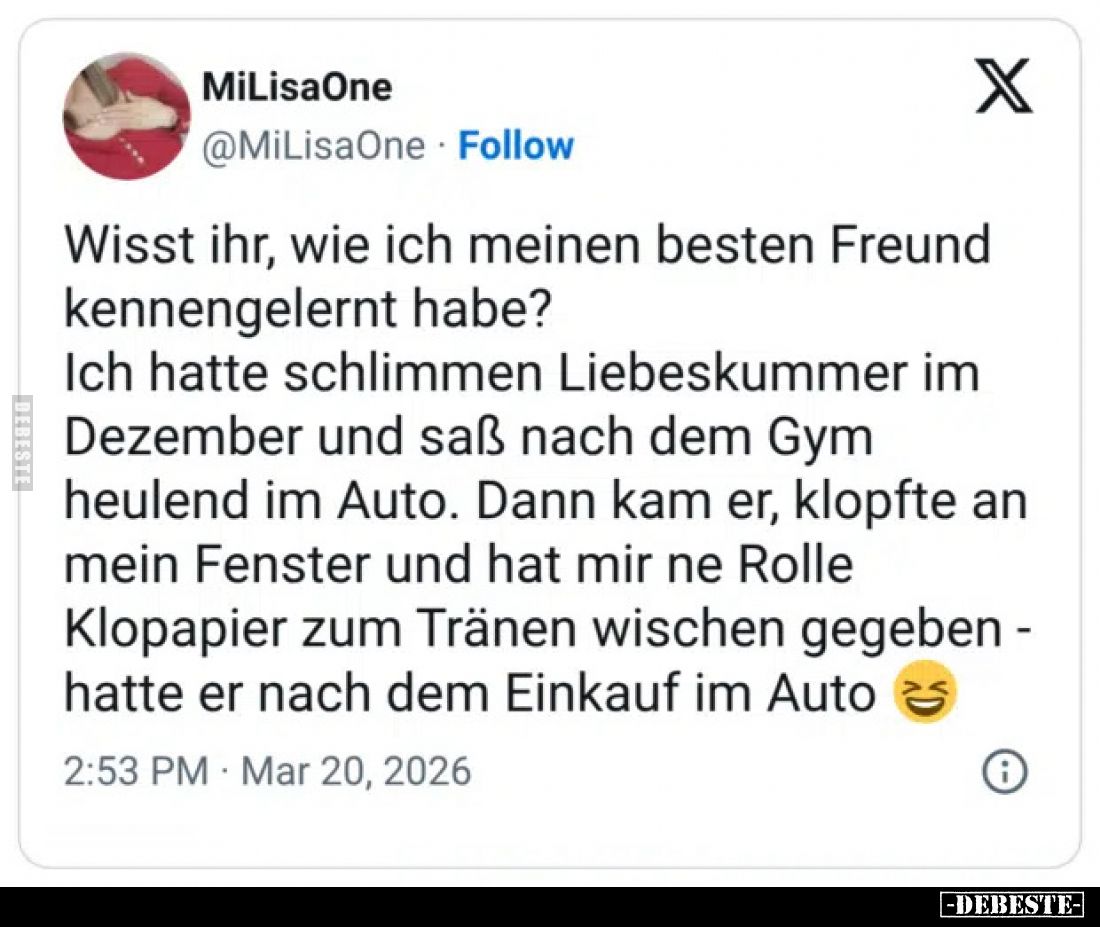 Wisst ihr, wie ich meinen besten Freund kennengelernt habe?
Ich hatte schlimmen Liebeskummer im Dezember und saß nach dem Gy...