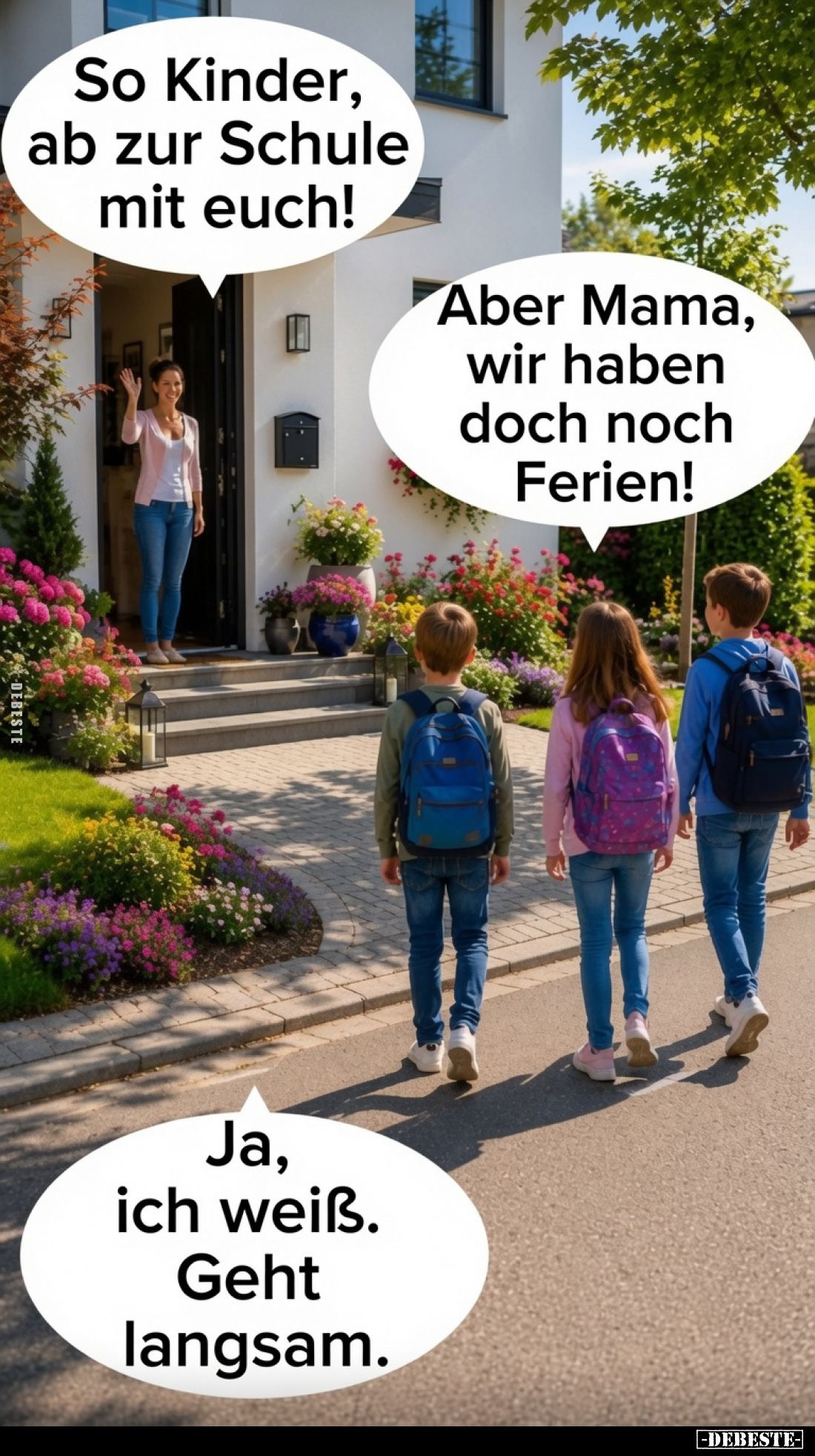 So Kinder, ab zur Schule mit euch!
Aber Mama, wir haben doch noch Ferien!
Ja, ich weiß.
Geht langsam.