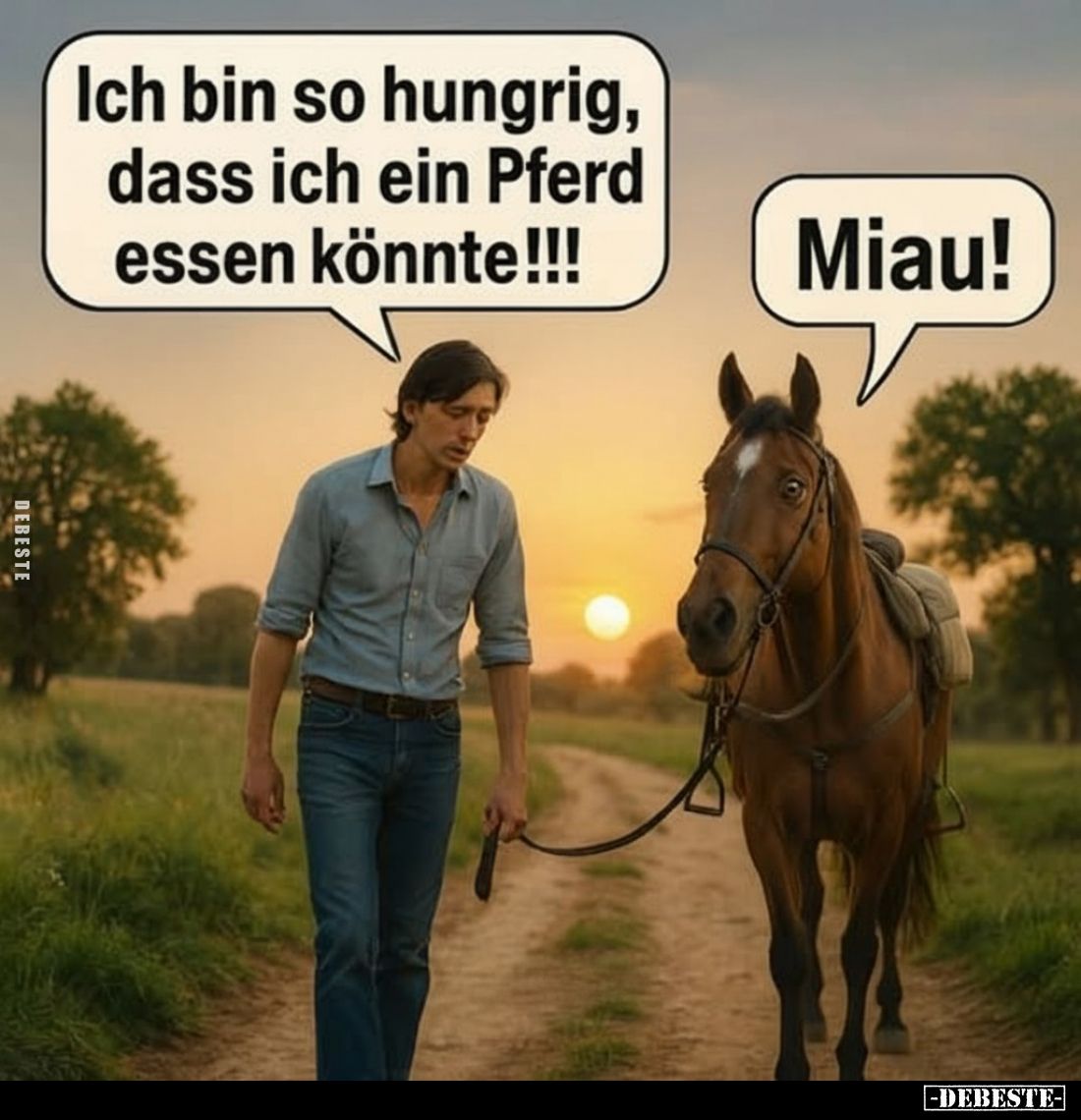 Ich bin so hungrig, dass ich ein Pferd essen könnte!!! 
Miau!
