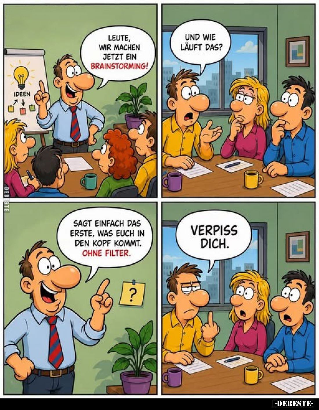 Leute, wir machen jetzt ein Brainstorming!
Und wie läuft das?
Sagt einfach das erste, was euch in den Kopf kommt.
Ohne F...