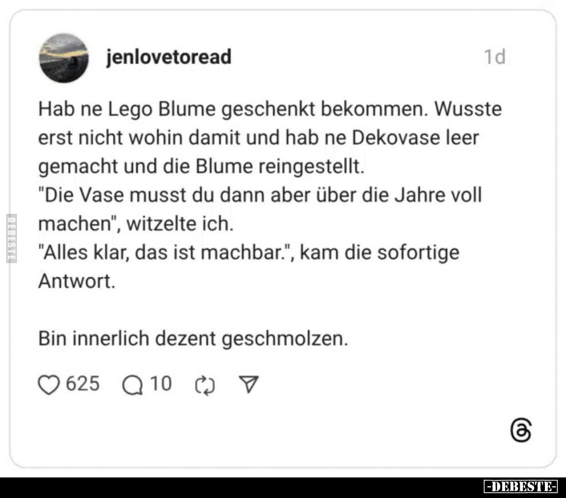 Hab ne Lego Blume geschenkt bekommen. Wusste erst nicht wohin damit und hab ne Dekovase leer gemacht und die Blume reingestel...
