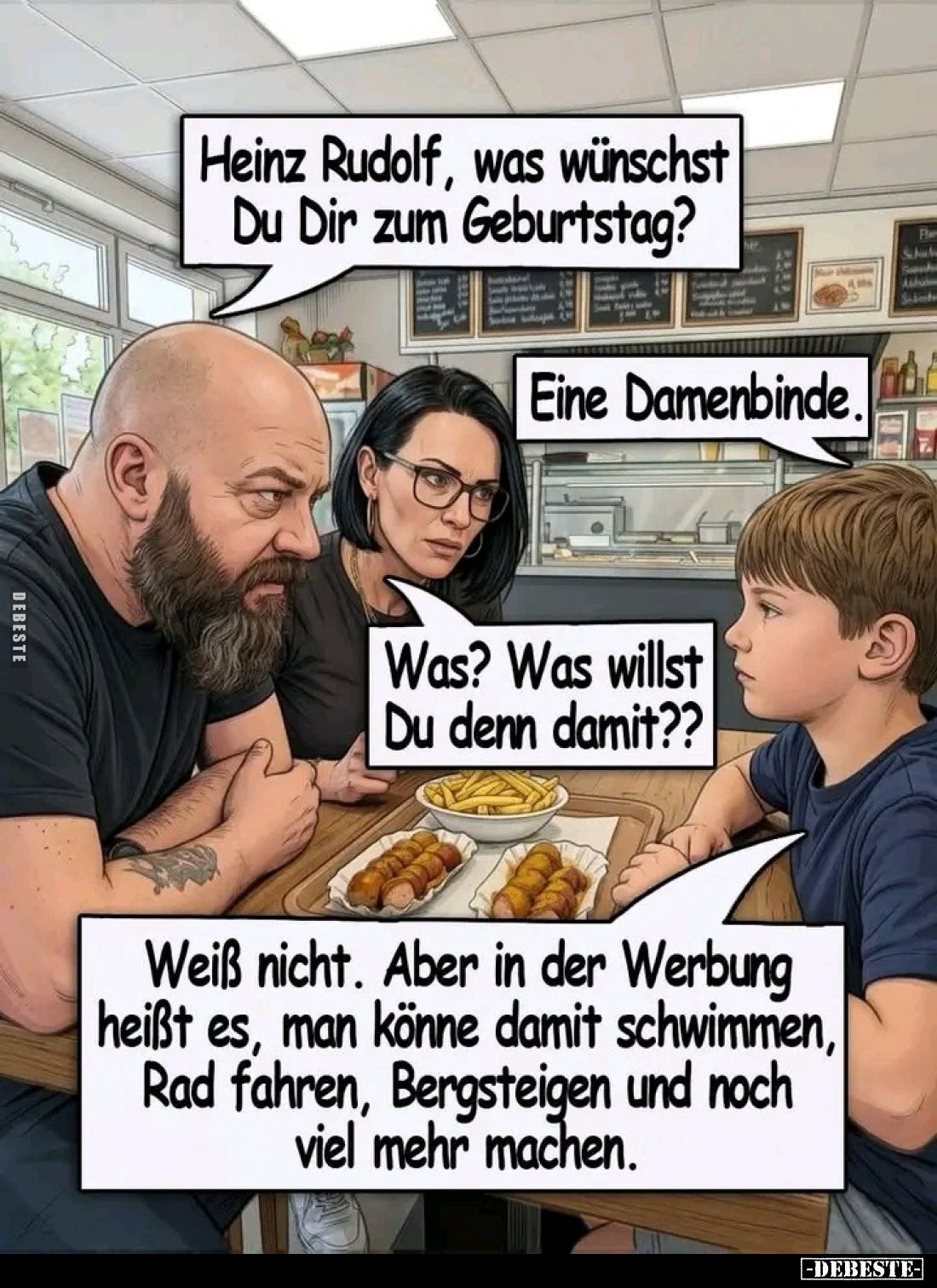 Heinz Rudolf, was wünschst Du Dir zum Geburtstag?
 - 
Eine Damenbinde.
 - 
Was? Was willst Du denn damit??
 - 
Weiß nic...