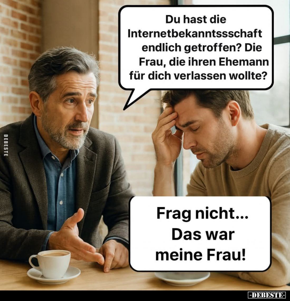 Du hast die Internetbekanntssschaft endlich getroffen? Die Frau, die ihren Ehemann für dich verlassen wollte? -
Frag nicht.....