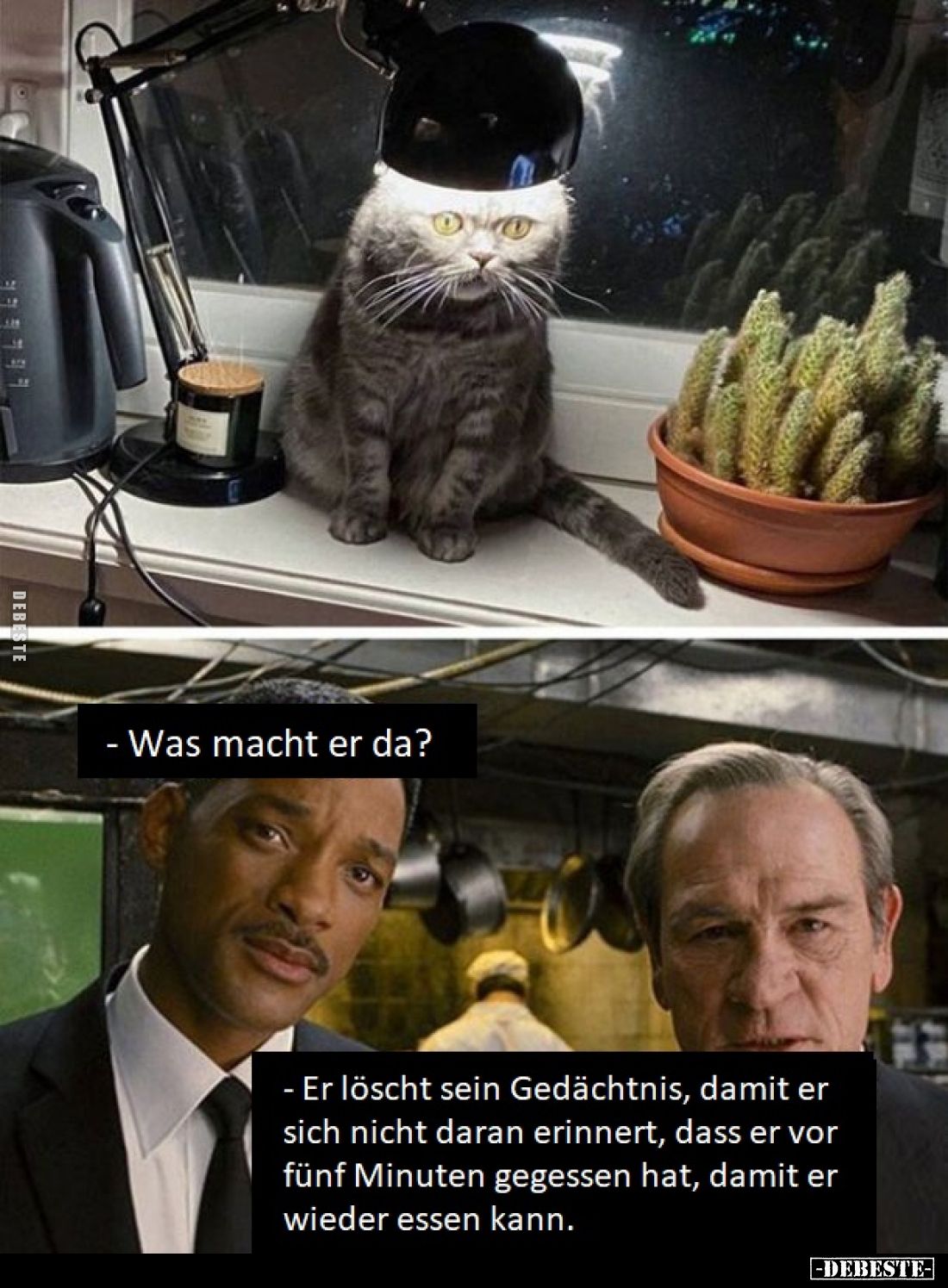 - Was macht er da?
- Er löscht sein Gedächtnis, damit er sich nicht daran erinnert, dass er vor fünf Minuten gegessen hat, d...