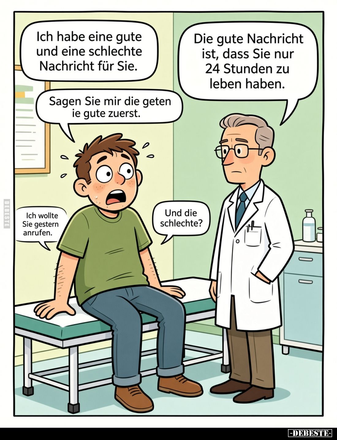 Ich habe eine gute und eine schlechte Nachricht für Sie.
Sagen Sie mir die geten ie gute zuerst.
Die gute Nachricht ist, da...