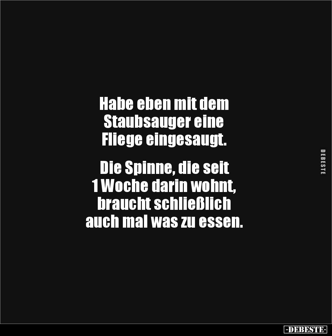 Habe eben mit dem
Staubsauger eine
Fliege eingesaugt.
Die Spinne, die seit
1 Woche darin wohnt,
braucht schließl...