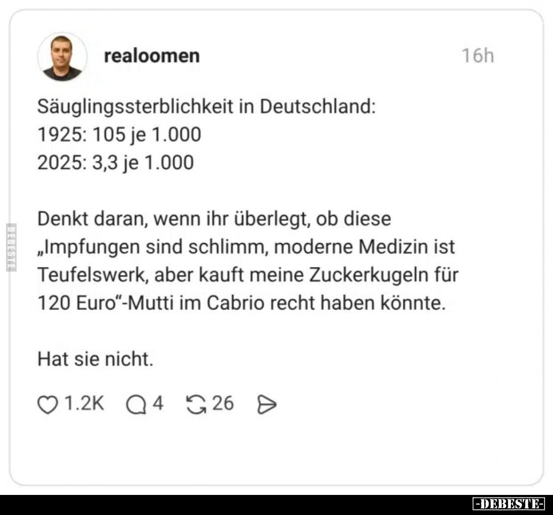 Säuglingssterblichkeit in Deutschland:
1925: 105 je 1.000
2025: 3,3 je 1.000

Denkt daran, wenn ihr überlegt, ob diese „I...